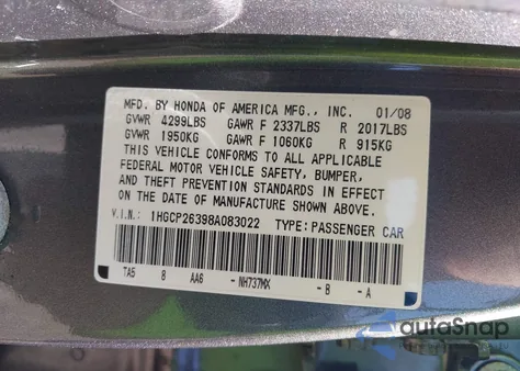 2008 Honda Accord 2.4 Lx from USA, damaged, VIN 1HGCP26398A083022